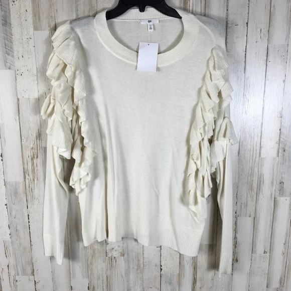 BP Nordstrom Ruffle Pullover Sweater Long Sleeve S Blouse Ivory White Knit Cozy - Picture 2 of 5